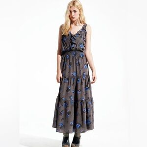 Rebecca Taylor Resort 2011 Charcoal Floral Silk Sleeveless Ruffle Dress. Size 6
